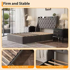 Struttura letto con testiera ad alette con bottoni, imbottita, con 4 cassetti contenitore, matrimoniale/queen, nero/grigio