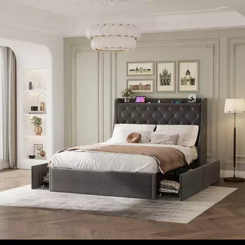 Struttura letto con testiera ad alette con bottoni, imbottita, con 4 cassetti contenitore, matrimoniale/queen, nero/grigio