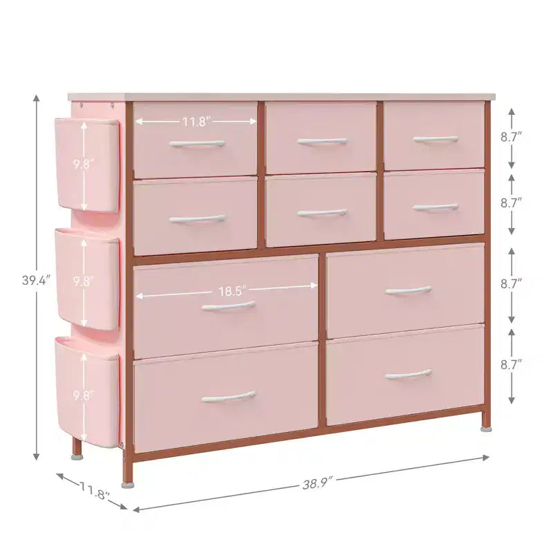 Cassettiera in Tessuto a 10 Cassetti, Marrone / Frassino Rovere / Rosa / Bianco – Struttura in Acciaio, Piano in Legno
