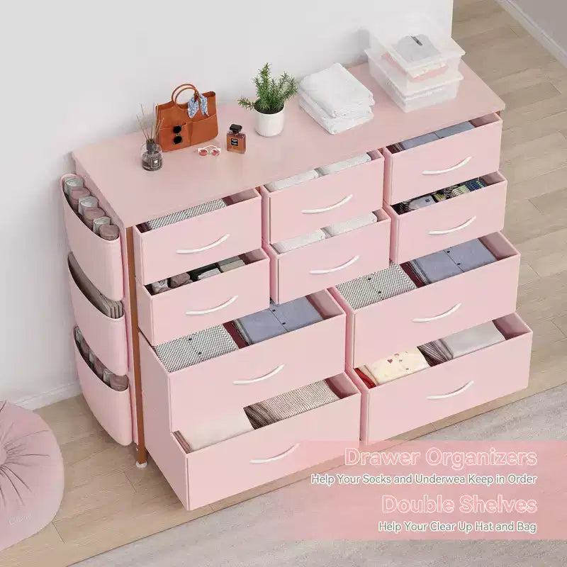 Cassettiera in Tessuto a 10 Cassetti, Marrone / Frassino Rovere / Rosa / Bianco – Struttura in Acciaio, Piano in Legno