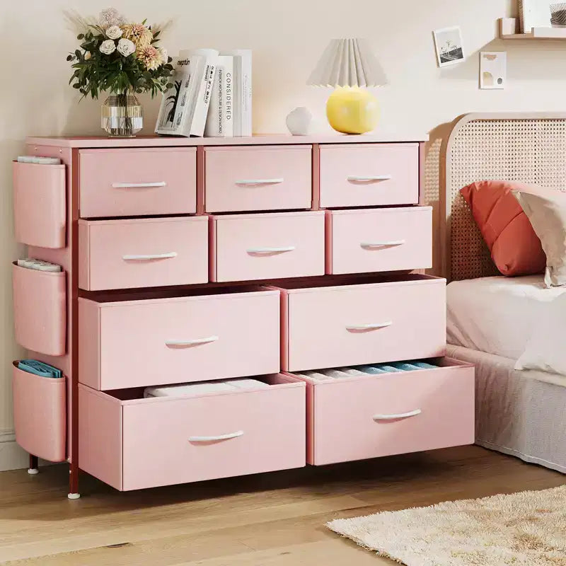 Cassettiera in Tessuto a 10 Cassetti, Marrone / Frassino Rovere / Rosa / Bianco – Struttura in Acciaio, Piano in Legno
