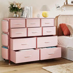 Cassettiera in Tessuto a 10 Cassetti, Marrone / Frassino Rovere / Rosa / Bianco – Struttura in Acciaio, Piano in Legno