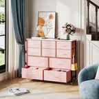 Cassettiera in Tessuto a 10 Cassetti, Marrone / Frassino Rovere / Rosa / Bianco – Struttura in Acciaio, Piano in Legno