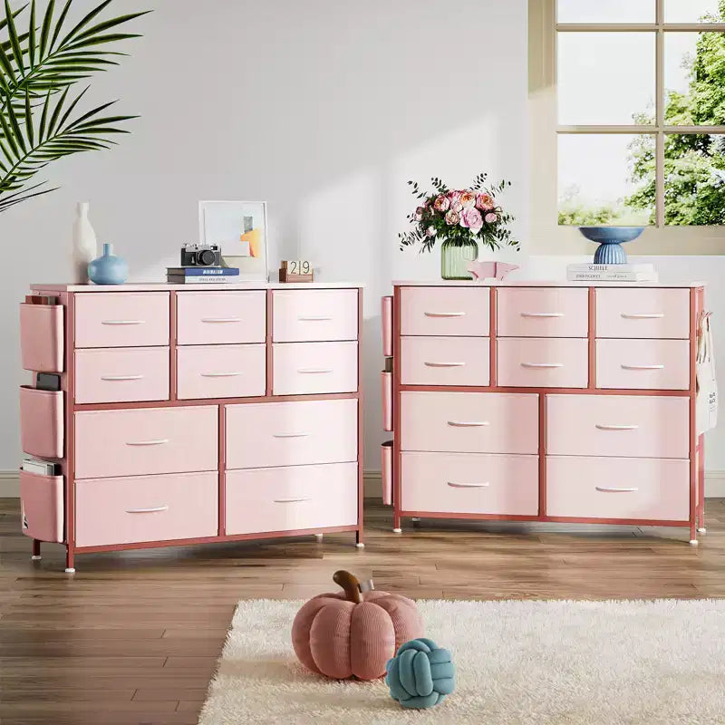 Cassettiera in Tessuto a 10 Cassetti, Marrone / Frassino Rovere / Rosa / Bianco – Struttura in Acciaio, Piano in Legno