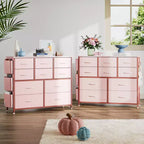 Cassettiera in Tessuto a 10 Cassetti, Marrone / Frassino Rovere / Rosa / Bianco – Struttura in Acciaio, Piano in Legno