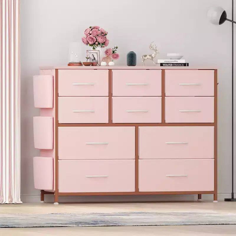 Cassettiera in Tessuto a 10 Cassetti, Marrone / Frassino Rovere / Rosa / Bianco – Struttura in Acciaio, Piano in Legno