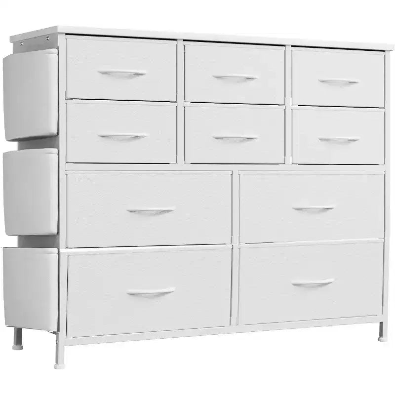 Cassettiera in Tessuto a 10 Cassetti, Marrone / Frassino Rovere / Rosa / Bianco – Struttura in Acciaio, Piano in Legno