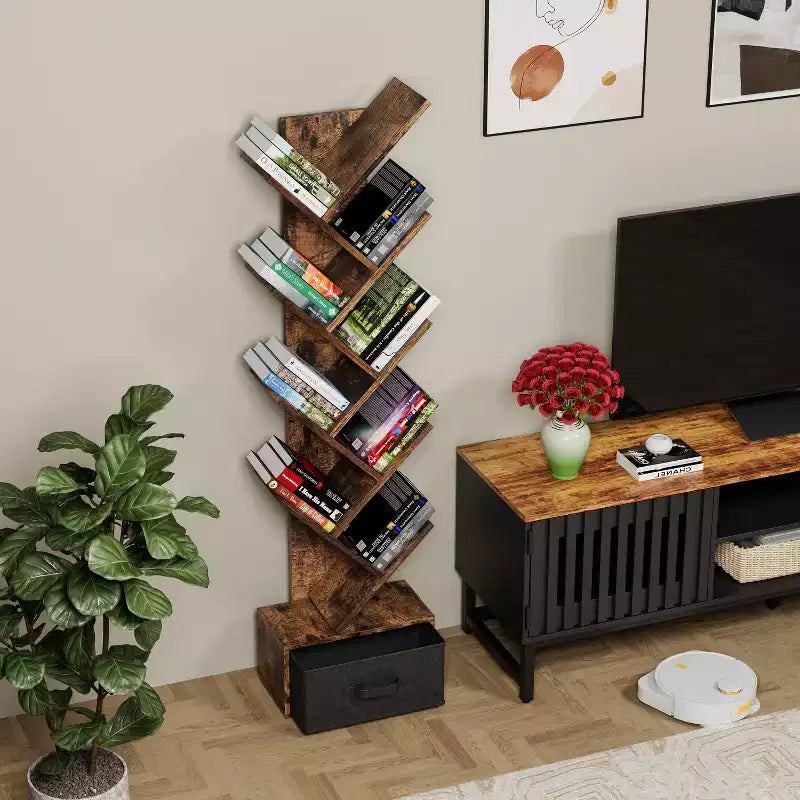 Libreria marrone a forma di albero, a 9 ripiani con cassetto, per 1 persona