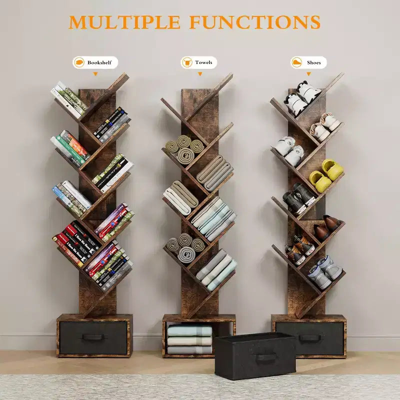Libreria marrone a forma di albero, a 9 ripiani con cassetto, per 1 persona
