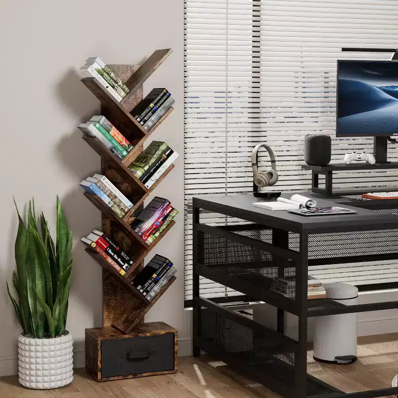 Libreria marrone a forma di albero, a 9 ripiani con cassetto, per 1 persona