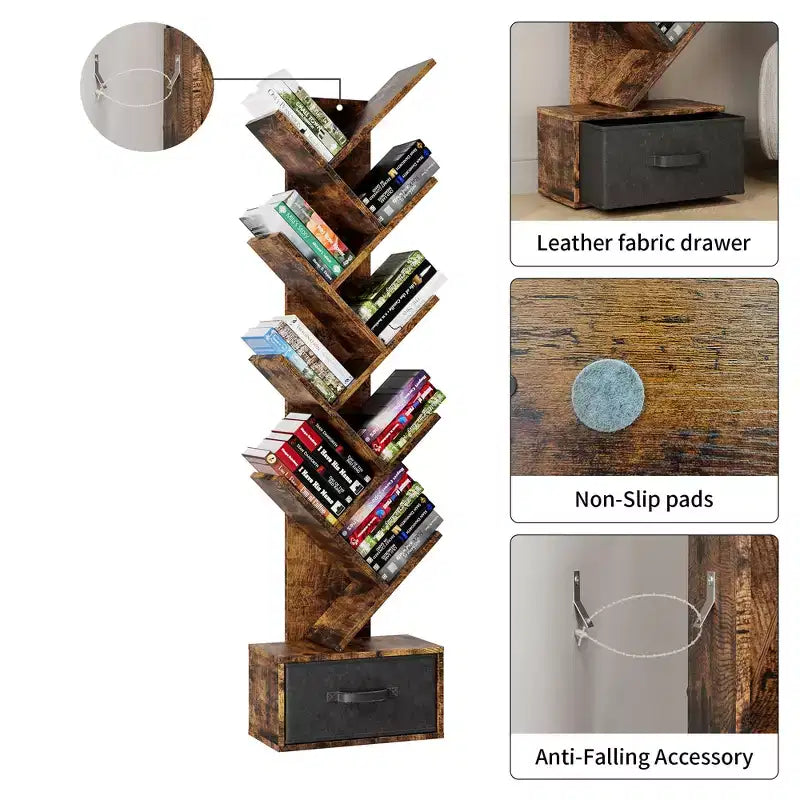 Libreria marrone a forma di albero, a 9 ripiani con cassetto, per 1 persona