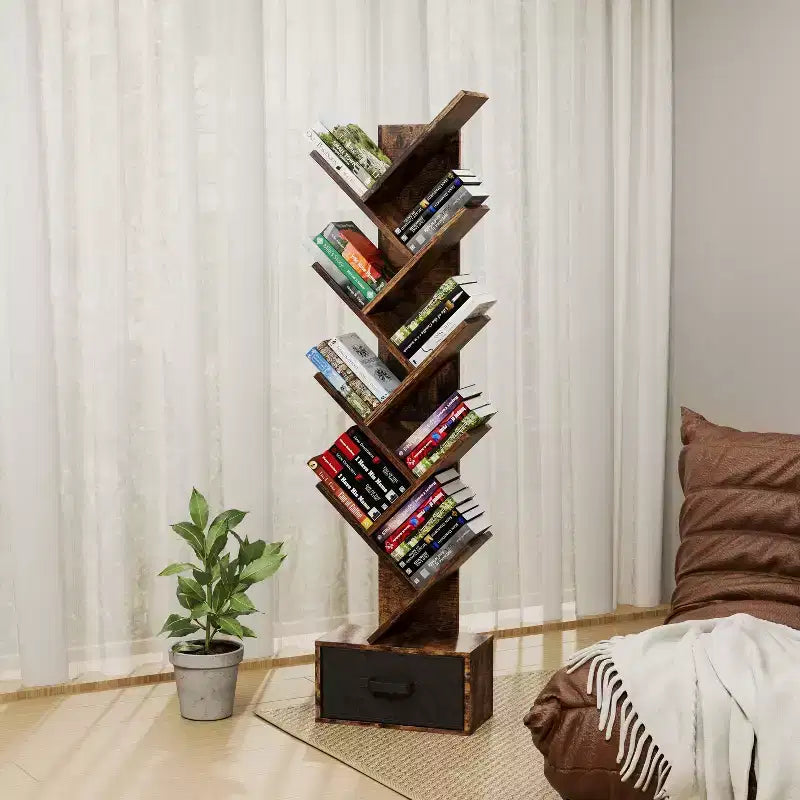 Libreria marrone a forma di albero, a 9 ripiani con cassetto, per 1 persona