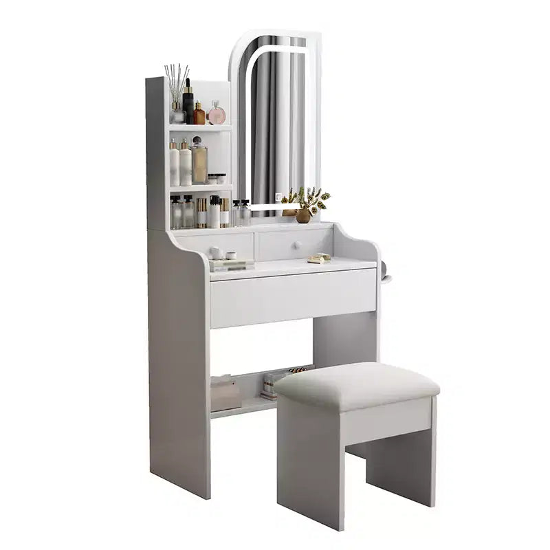 Set toeletta bianco e grigio con specchio LED, mensole laterali, sgabello e cassetto, per 1 persona