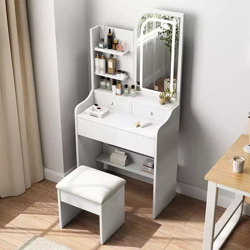 Set toeletta bianco e grigio con specchio LED, mensole laterali, sgabello e cassetto, per 1 persona