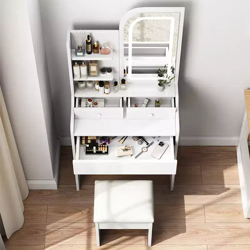 Set toeletta bianco e grigio con specchio LED, mensole laterali, sgabello e cassetto, per 1 persona