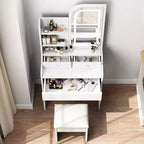 Set toeletta bianco e grigio con specchio LED, mensole laterali, sgabello e cassetto, per 1 persona