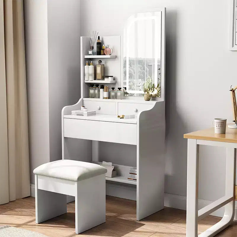Set toeletta bianco e grigio con specchio LED, mensole laterali, sgabello e cassetto, per 1 persona