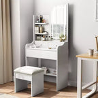 Set toeletta bianco e grigio con specchio LED, mensole laterali, sgabello e cassetto, per 1 persona