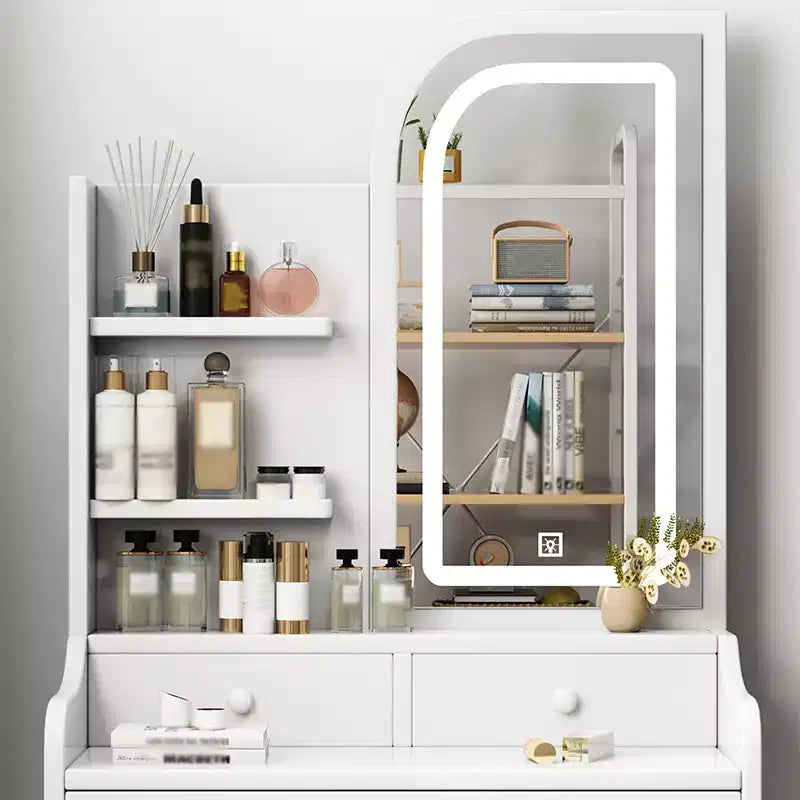 Set toeletta bianco e grigio con specchio LED, mensole laterali, sgabello e cassetto, per 1 persona