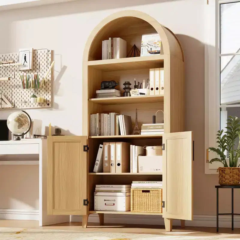Libreria ad Arco Nera con Ante in Rattan, 5 Ripiani Aperti, Unità Singola