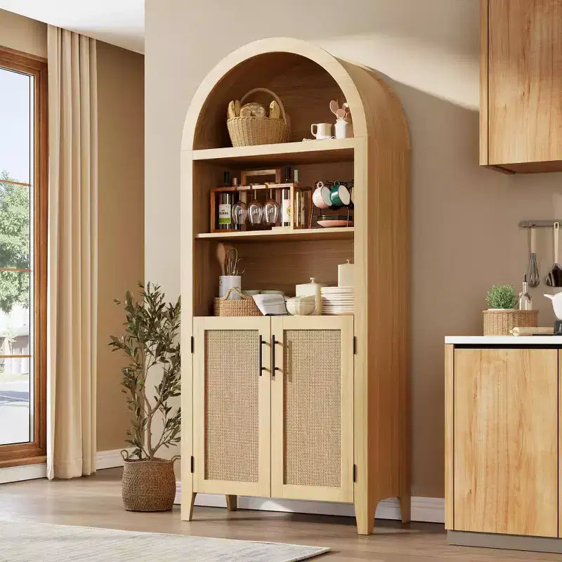 Libreria ad Arco Nera con Ante in Rattan, 5 Ripiani Aperti, Unità Singola