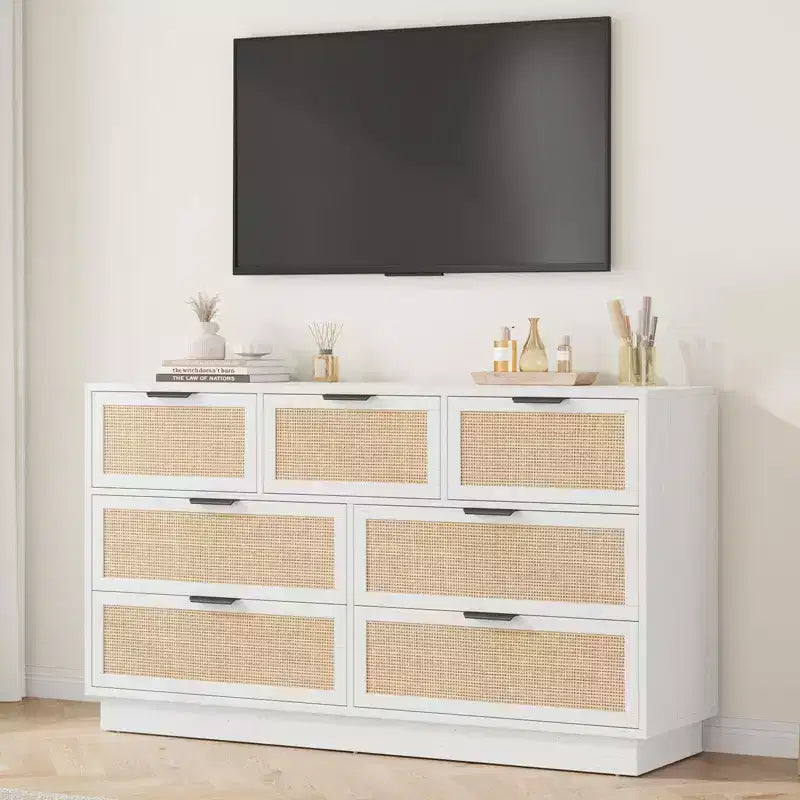 Comò e porta TV in rattan a 7 cassetti marrone/bianco, per 1