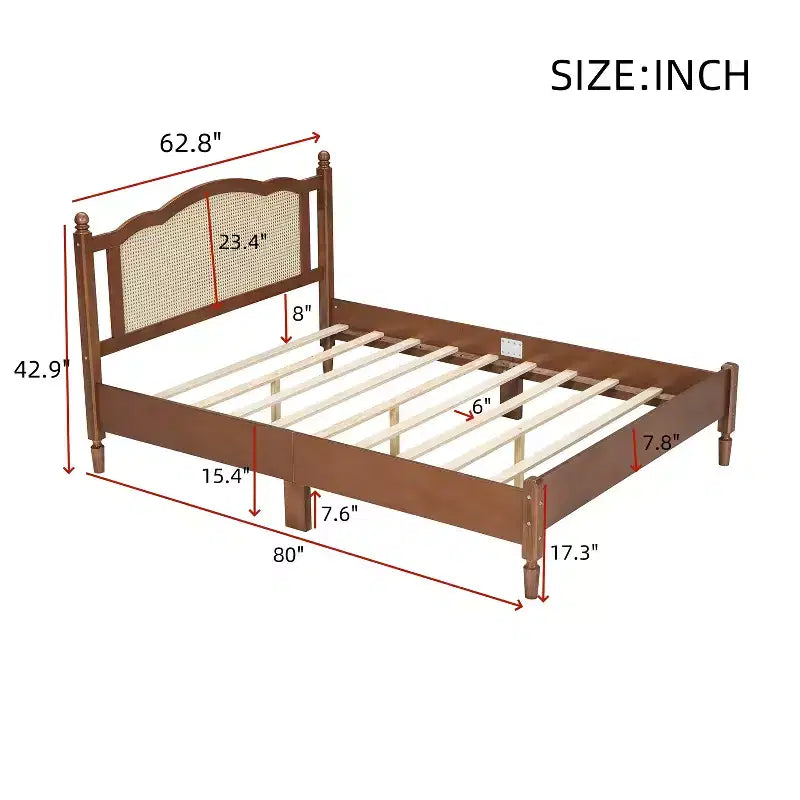 Letto matrimoniale Queen in legno naturale con testiera in rattan, 2 persone