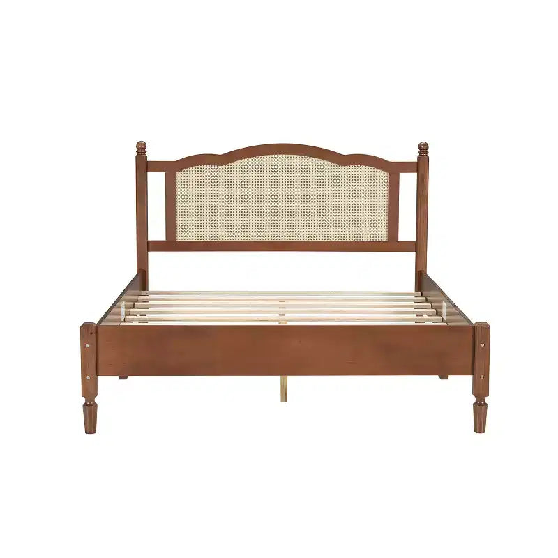 Letto matrimoniale Queen in legno naturale con testiera in rattan, 2 persone