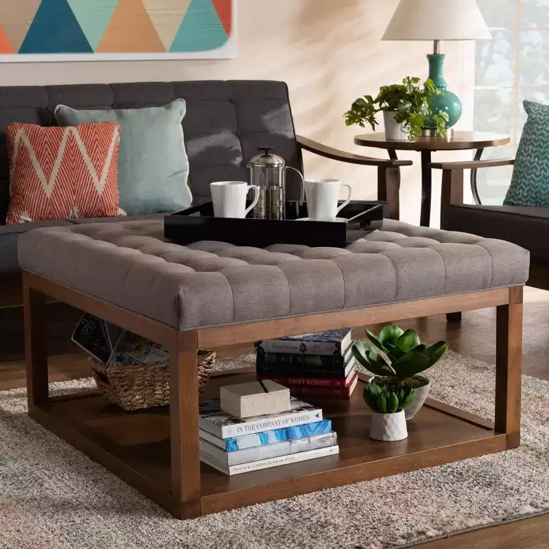 Poggiapiedi Tufted Quadrato, 1 Posto, Beige e Grigio/Noce