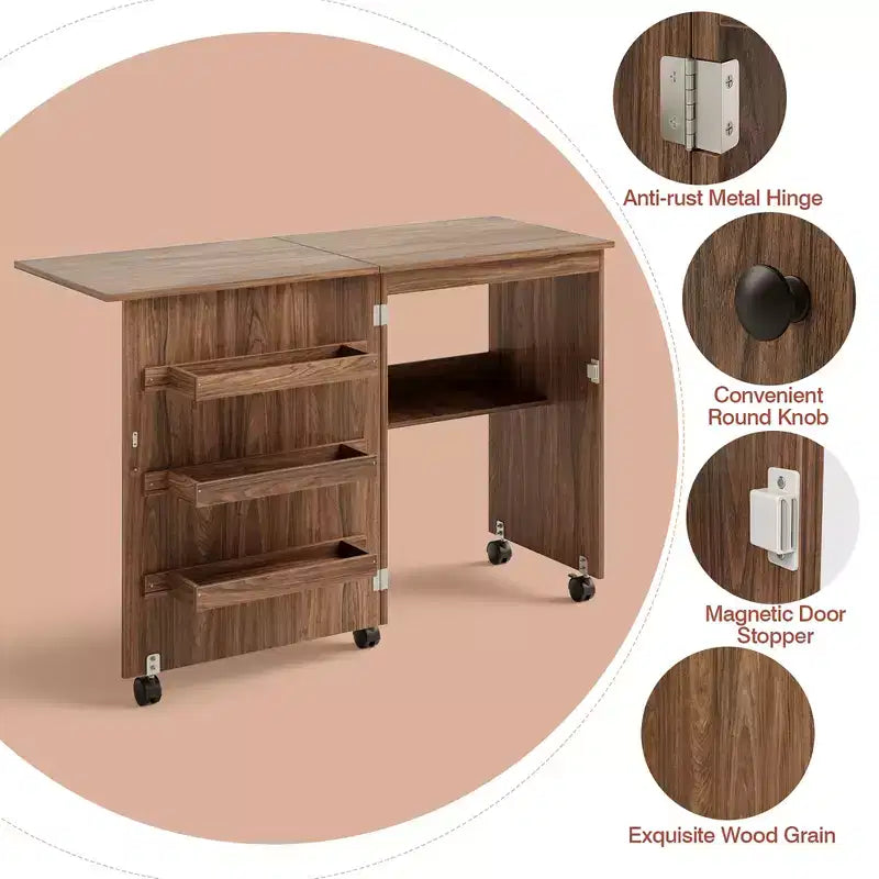 Tavolo da cucito pieghevole marrone/naturale con contenitori e ruote, 1 persona