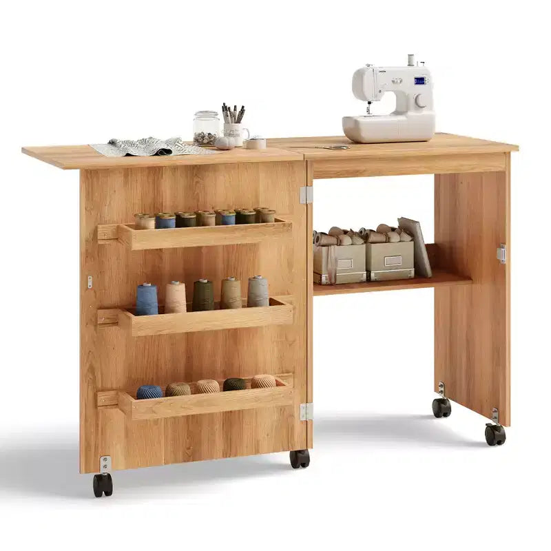 Tavolo da cucito pieghevole marrone/naturale con contenitori e ruote, 1 persona