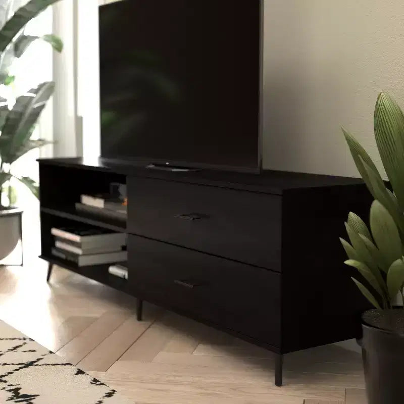 Mobile porta TV moderno di metà secolo nero / noce con cassetti, adatto per TV fino a 60 pollici