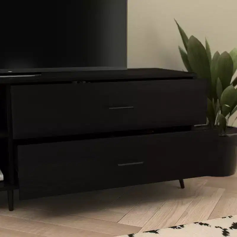Mobile porta TV moderno di metà secolo nero / noce con cassetti, adatto per TV fino a 60 pollici