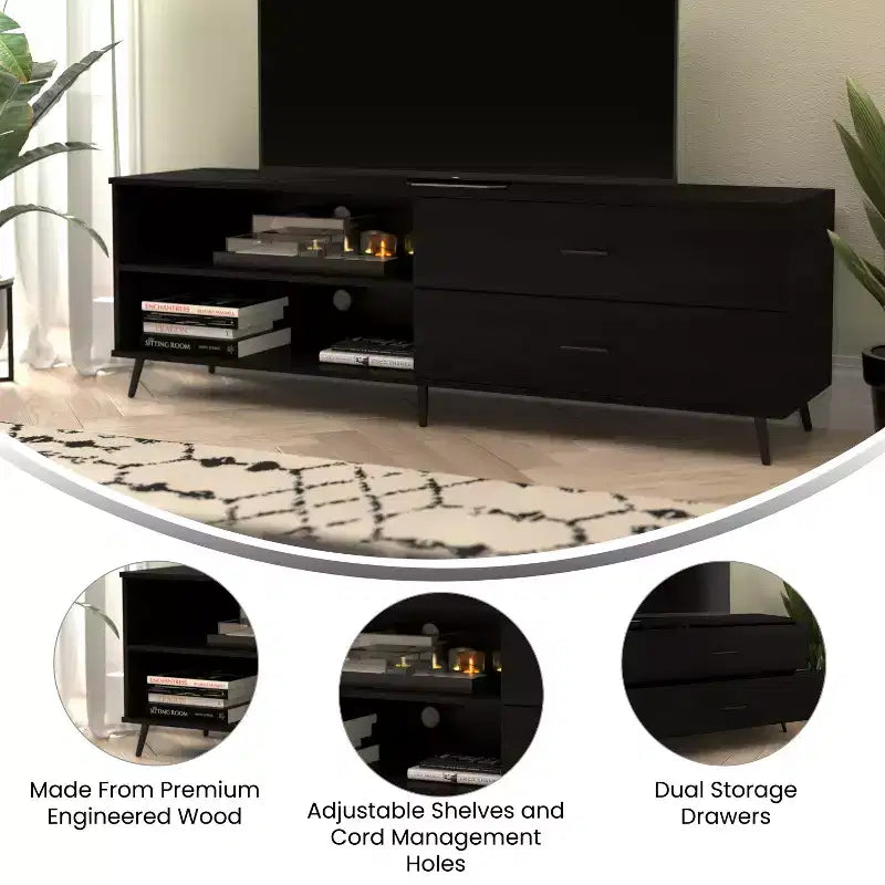Mobile porta TV moderno di metà secolo nero / noce con cassetti, adatto per TV fino a 60 pollici