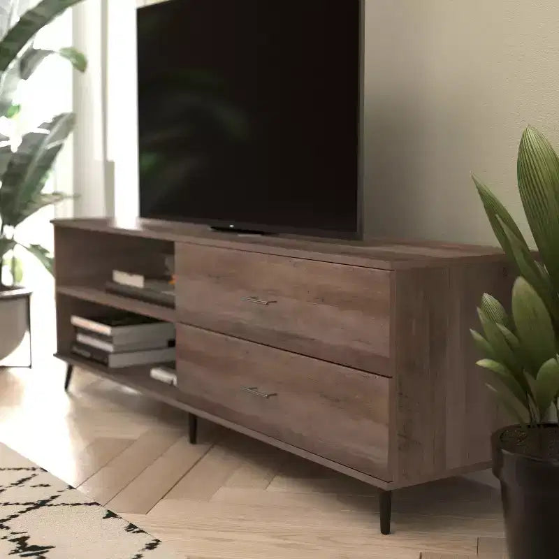 Mobile porta TV moderno di metà secolo nero / noce con cassetti, adatto per TV fino a 60 pollici