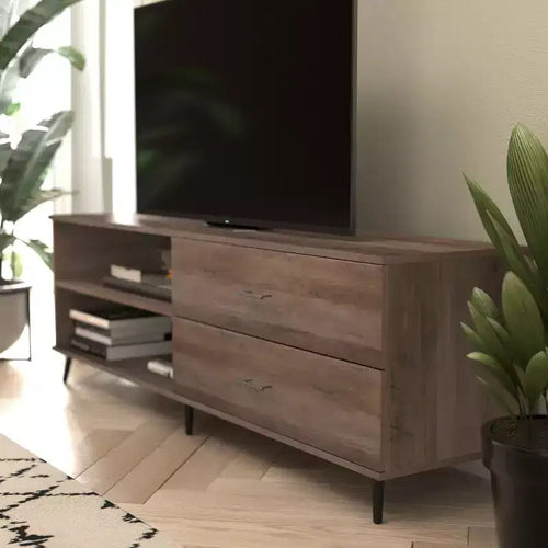 Mobile porta TV moderno di metà secolo nero / noce con cassetti, adatto per TV fino a 60 pollici
