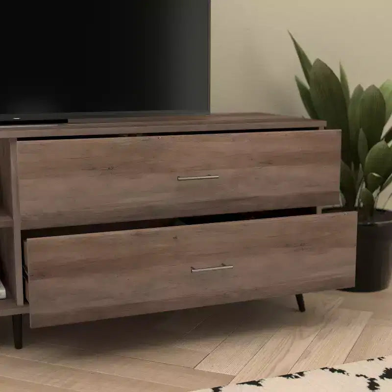 Mobile porta TV moderno di metà secolo nero / noce con cassetti, adatto per TV fino a 60 pollici