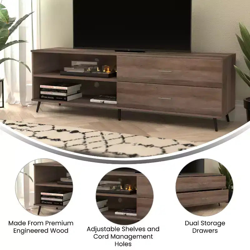 Mobile porta TV moderno di metà secolo nero / noce con cassetti, adatto per TV fino a 60 pollici